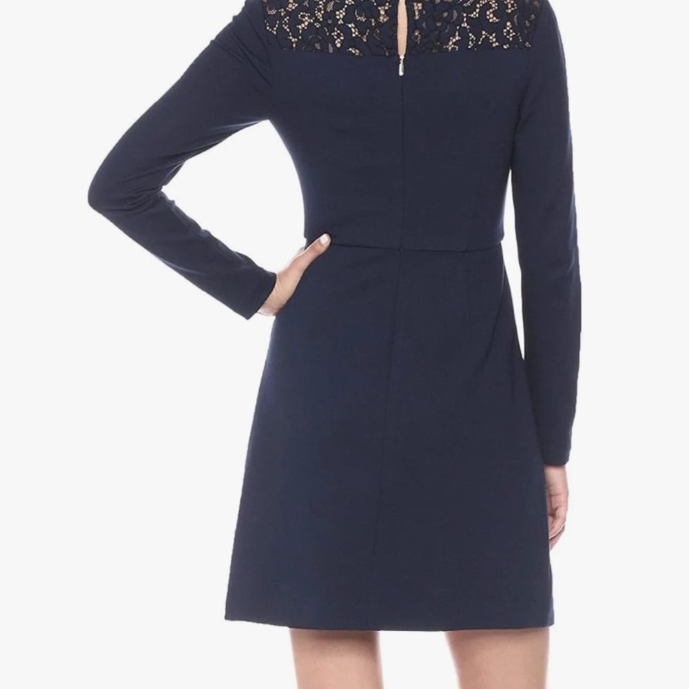 NWT Trina Turk Navy Blue Ponte Lace Trim Long Sleeve Dress 2 - Picture 2 of 10